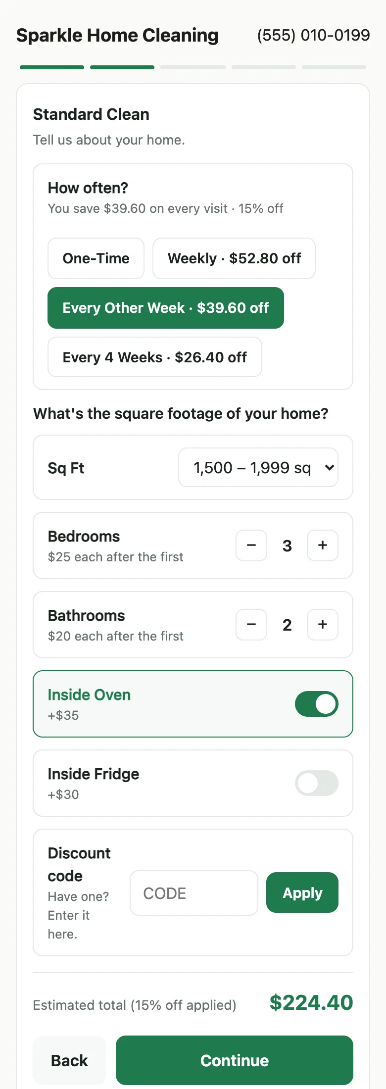 A booking page on a phone: the customer picks how often, square footage, bedrooms, bathrooms and add-ons, and sees the total with the recurring discount applied.